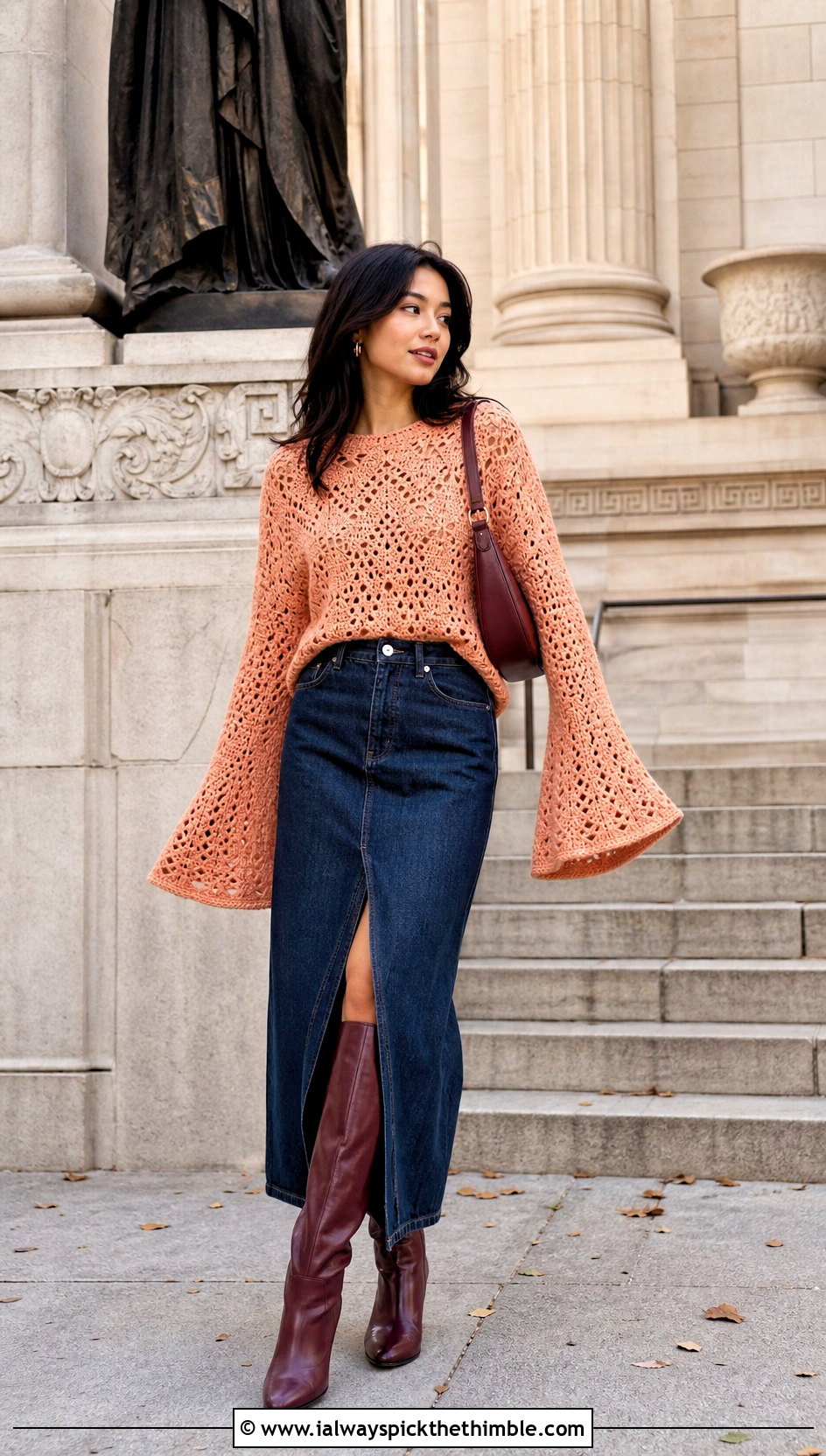 Bell Sleeve Crochet Sweater With Denim Maxi Skirt - 20 fall crochet sweaters outfit ideas