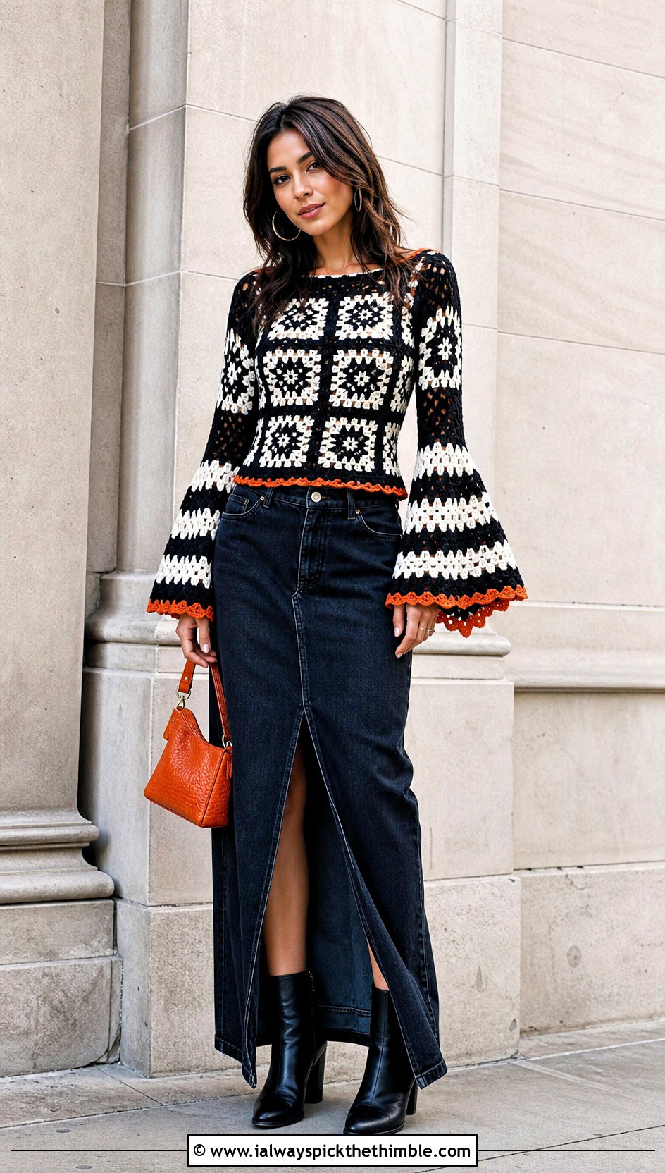 Bell Sleeve Crochet Sweater With Denim Maxi Skirt - 25 black and white crochet sweater outfit ideas