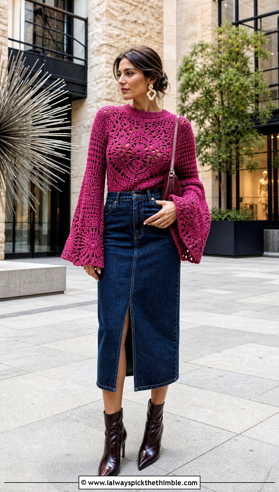 Bell Sleeve Crochet Sweater With Denim Midi Skirt - 20 Crocheted Sweaters For Women outfit ideas