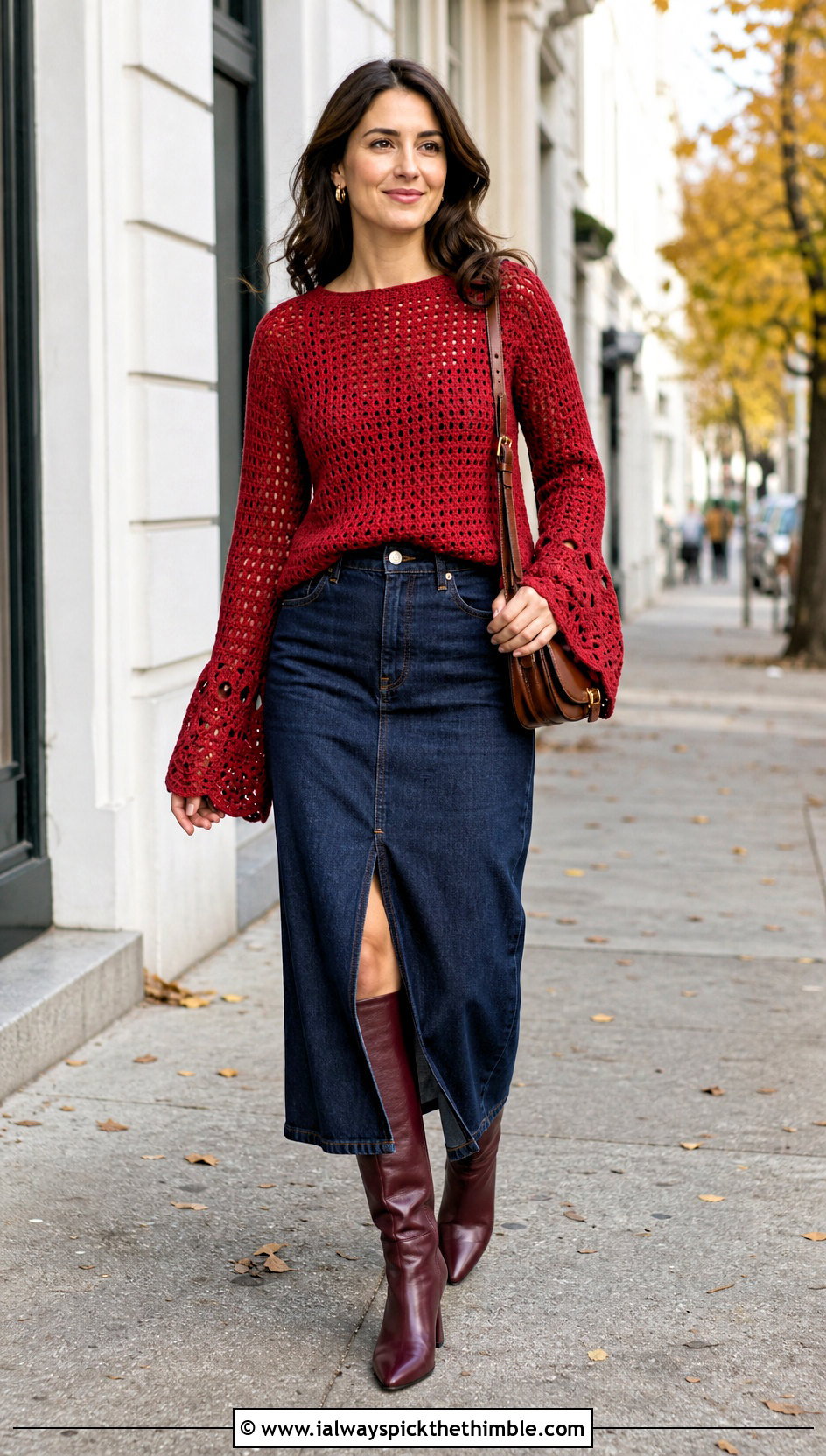Bell Sleeve Crochet Sweater With Denim Midi Skirt - 25 crochet sweaters outfit ideas