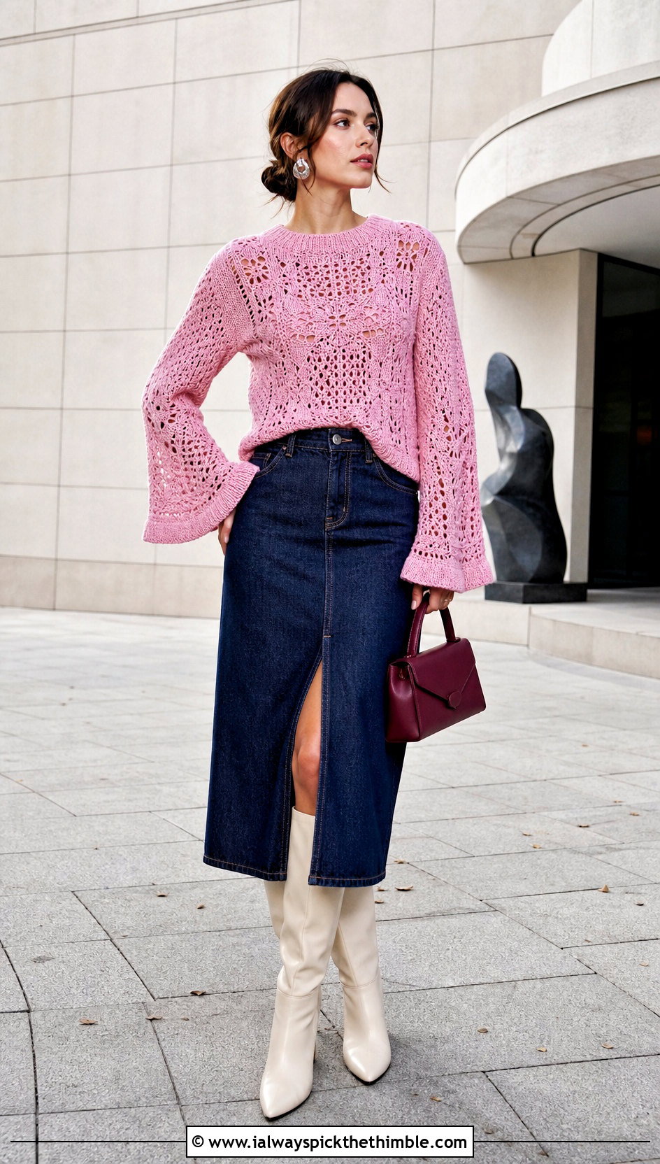 Bell Sleeve Crochet Sweater With Denim Midi Skirt - 20 cool crochet sweater outfit ideas