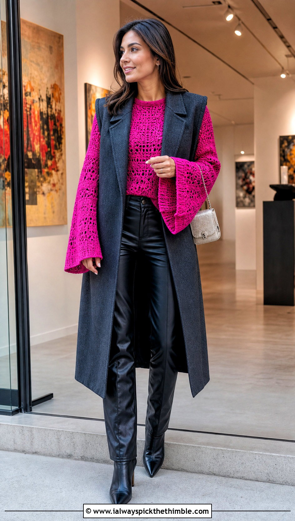 Bell Sleeve Crochet Sweater With Faux Leather Pants - 20 winter crochet sweater outfit ideas
