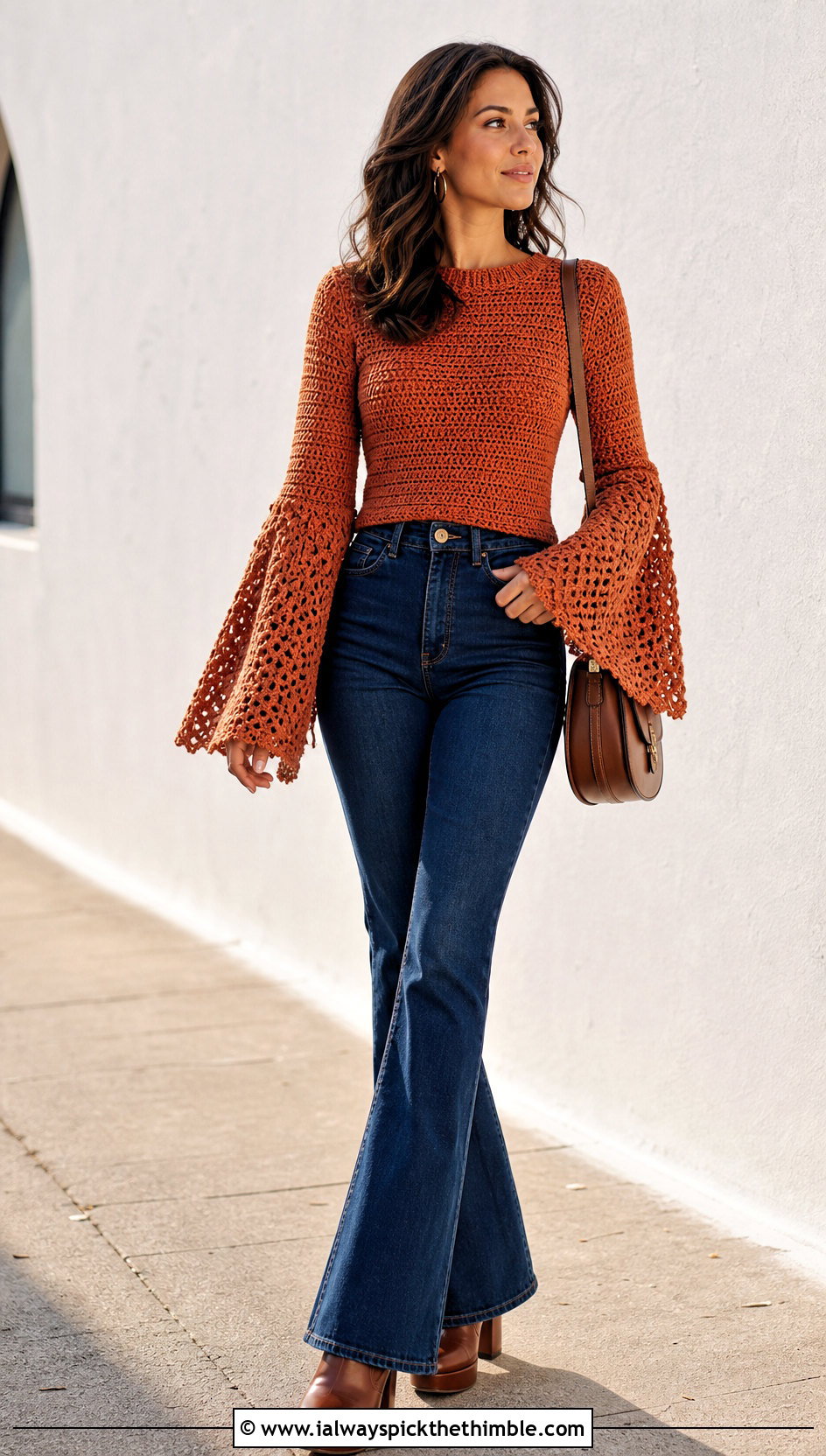 Bell Sleeve Crochet Sweater With Flared Jeans - 20 crochet women sweater outfit ideas