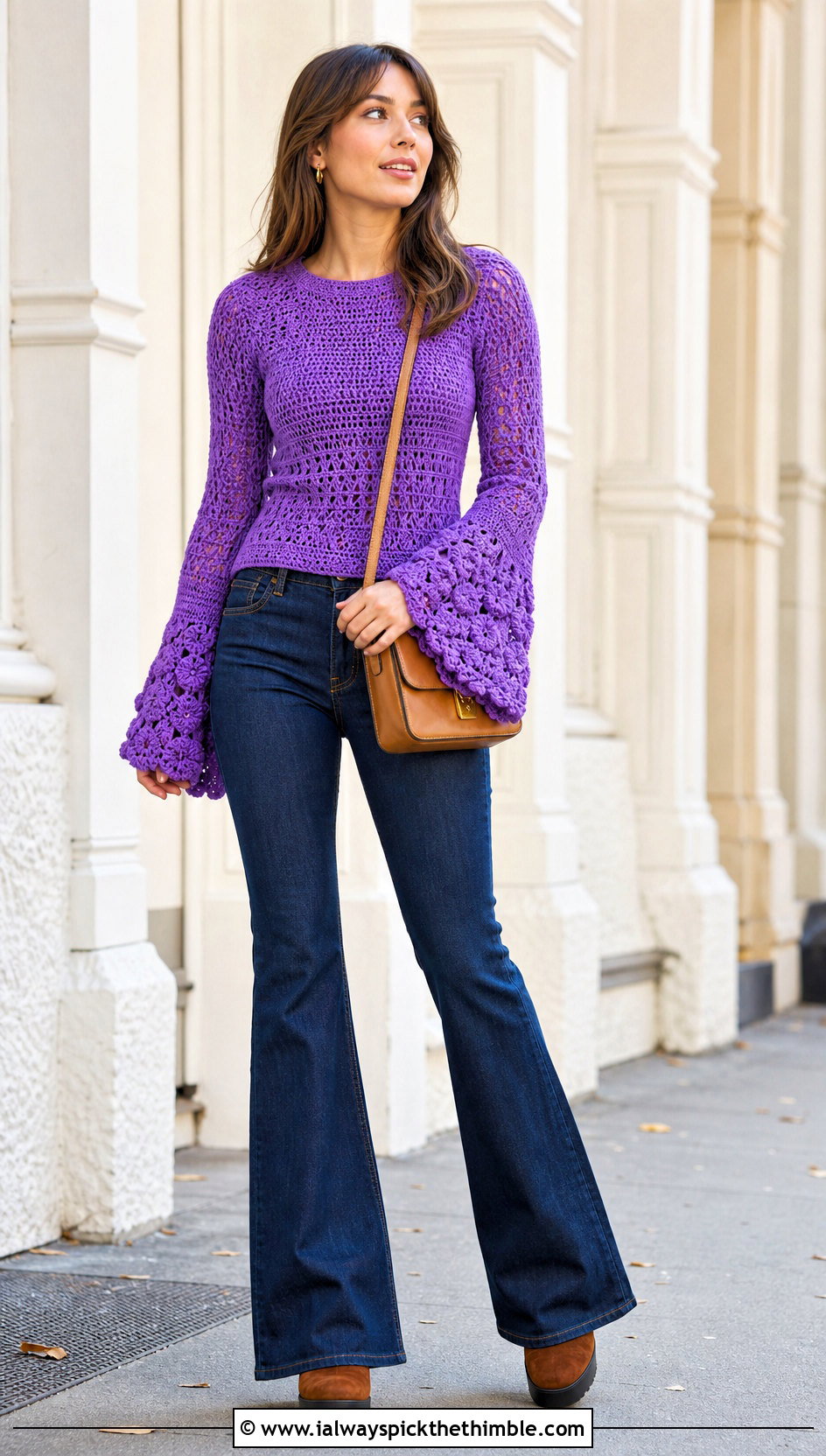 Bell Sleeve Crochet Sweater With Flared Jeans - 20 Fire Crochet Sweater outfit ideas