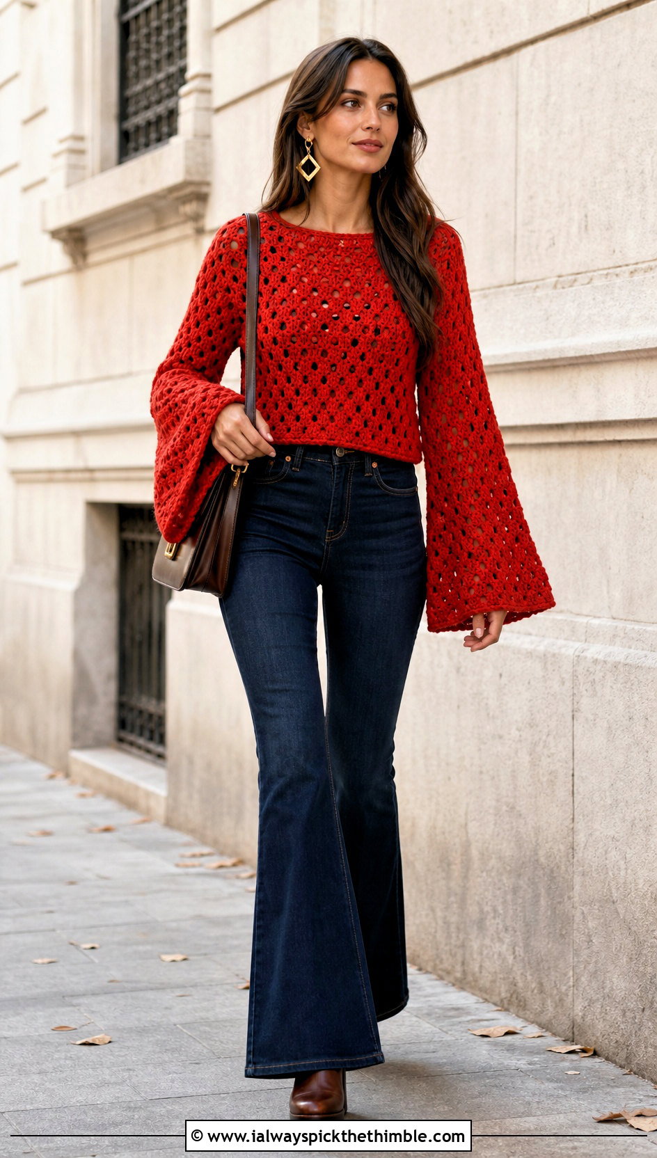 Bell Sleeve Crochet Sweater With Flared Jeans - 25 cute crochet sweaters outfit ideas