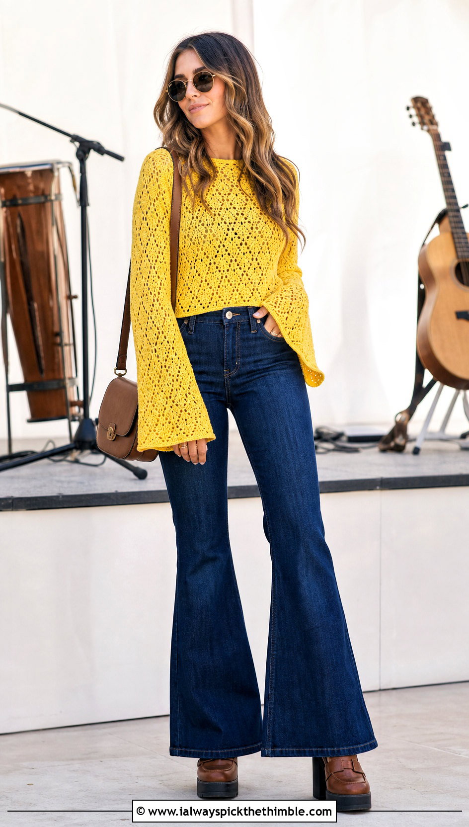 Bell Sleeve Crochet Sweater With Flared Jeans - 25 simple crochet sweater outfit ideas