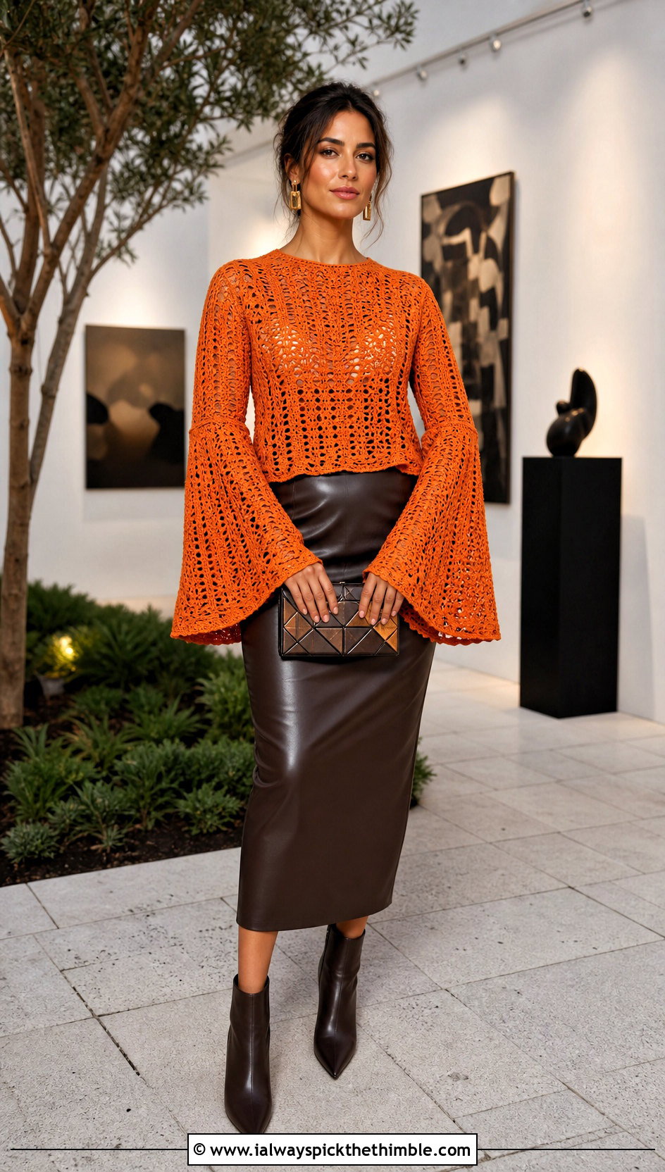 Bell Sleeve Crochet Sweater With Leather Midi Skirt - 25 cute crochet sweater outfit ideas