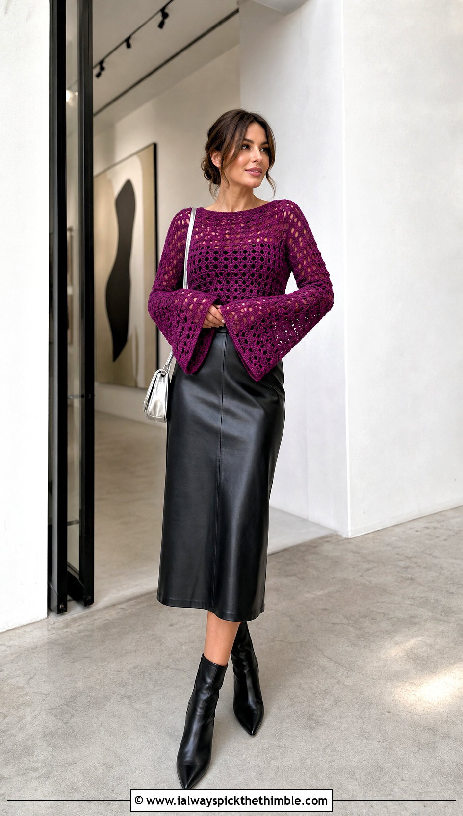 Bell Sleeve Crochet Sweater With Leather Midi Skirt - 25 easy crochet sweaters outfit ideas