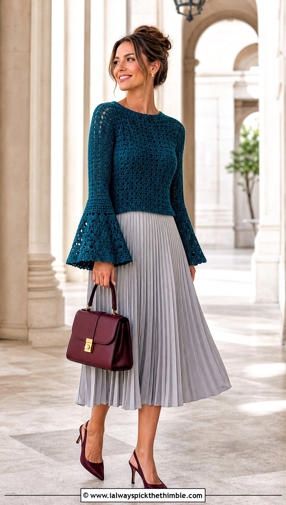 Bell Sleeve Crochet Sweater With Pleated Midi Skirt - 20 crochet sweater and skirt outfit ideas