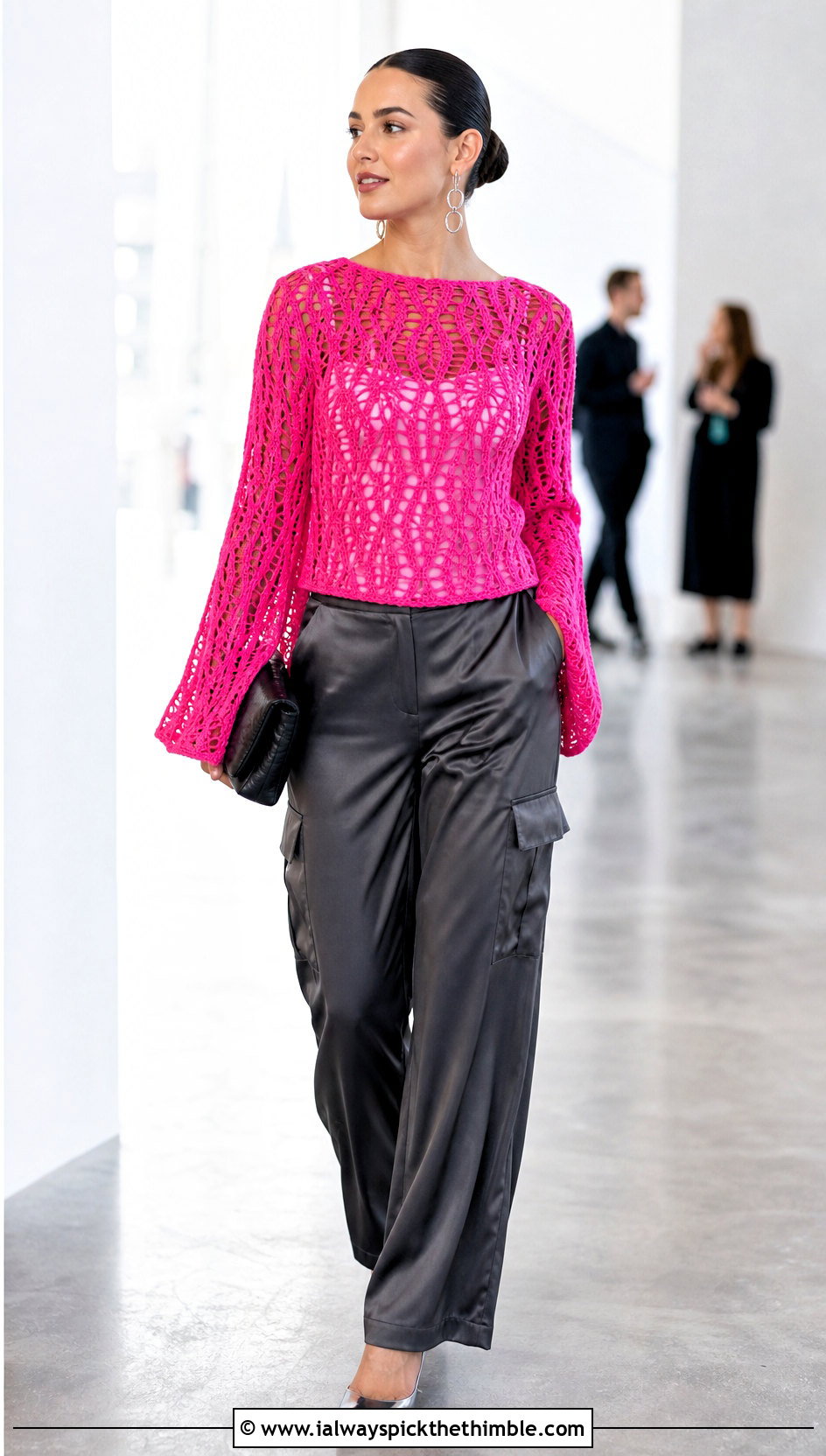 Bell Sleeve Crochet Sweater With Satin Cargo Pants - 15 Crochet Comfy Sweater outfit ideas