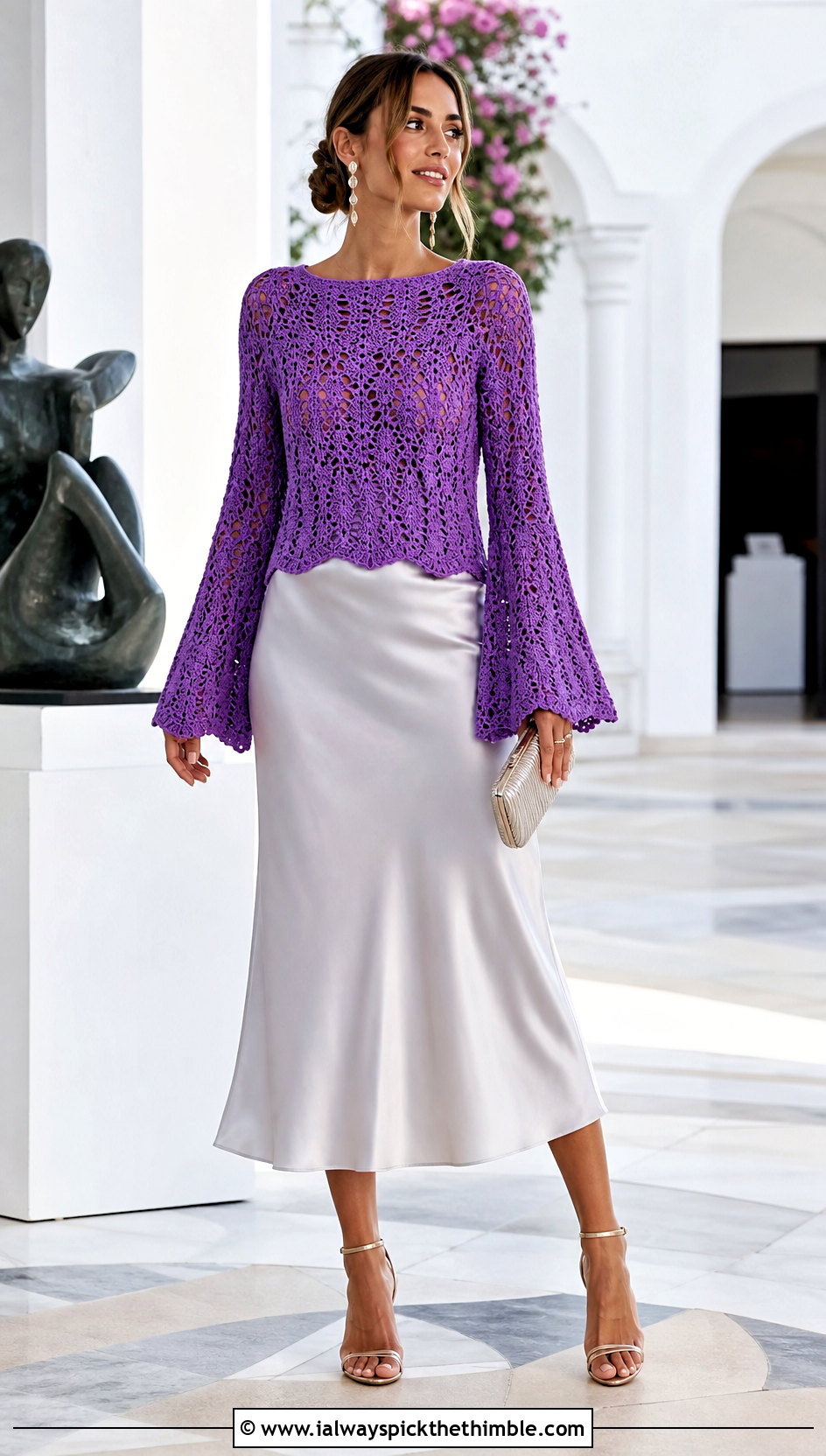 Bell Sleeve Crochet Sweater With Satin Midi Skirt - 25 summer crochet sweater outfit ideas