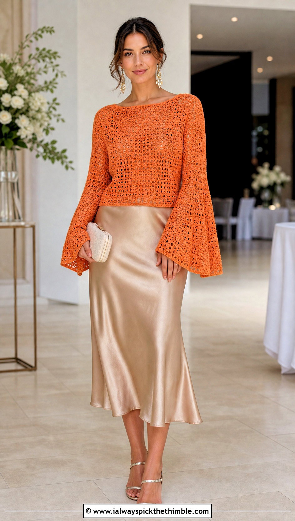 Bell Sleeve Crochet Sweater With Satin Slip Skirt - 20 crochet sweater inspiration outfit ideas