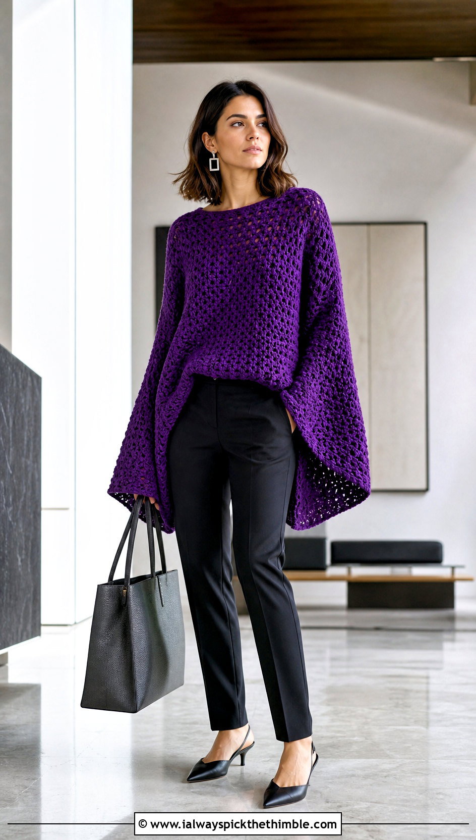 Bell Sleeve Crochet Sweater With Slim Suit Pants - 25 oversized crochet sweater outfit ideas