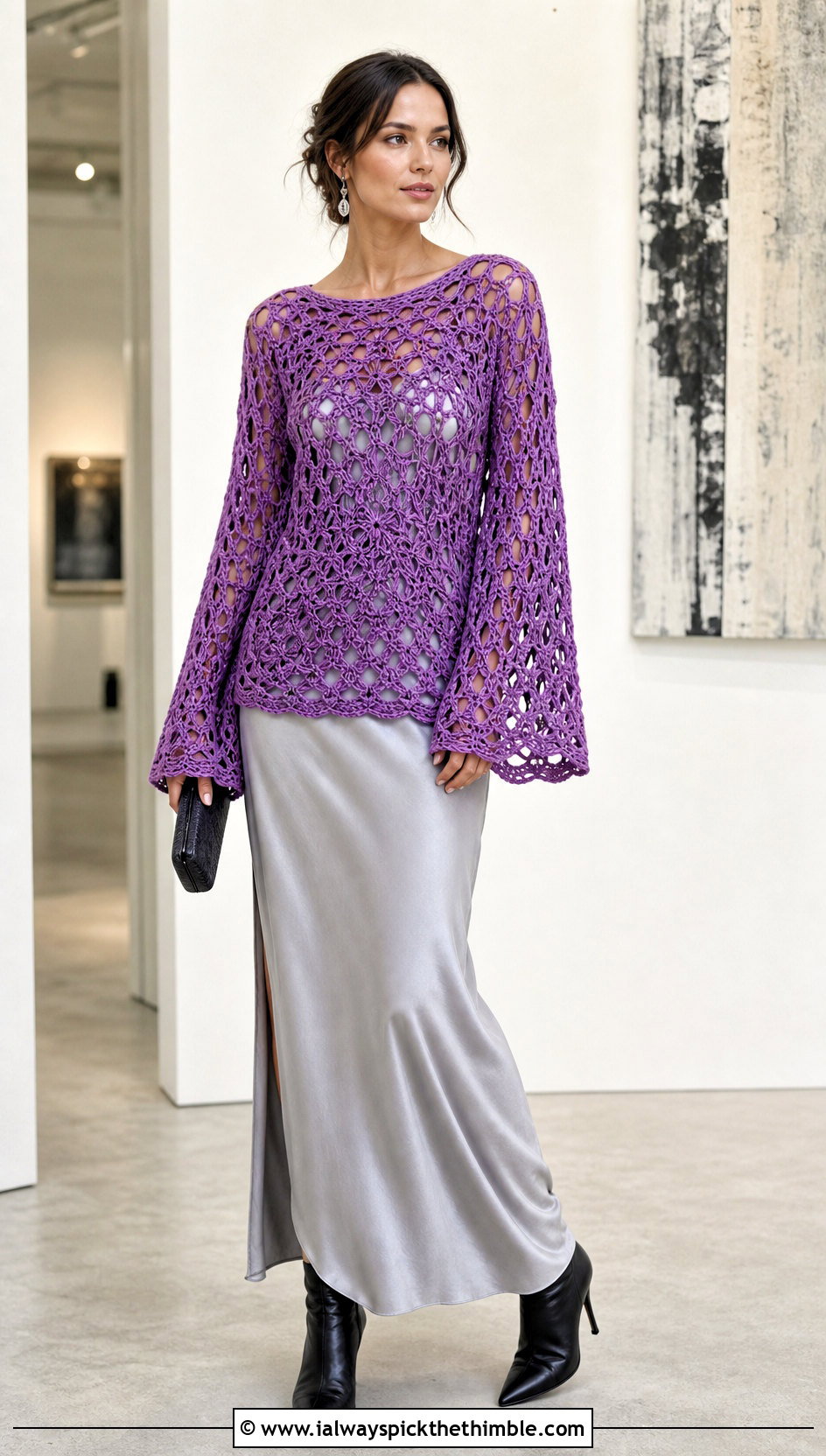 Bell Sleeve Crochet Sweater With Slip Dress - 20 chunky yarn crochet sweater outfit ideas