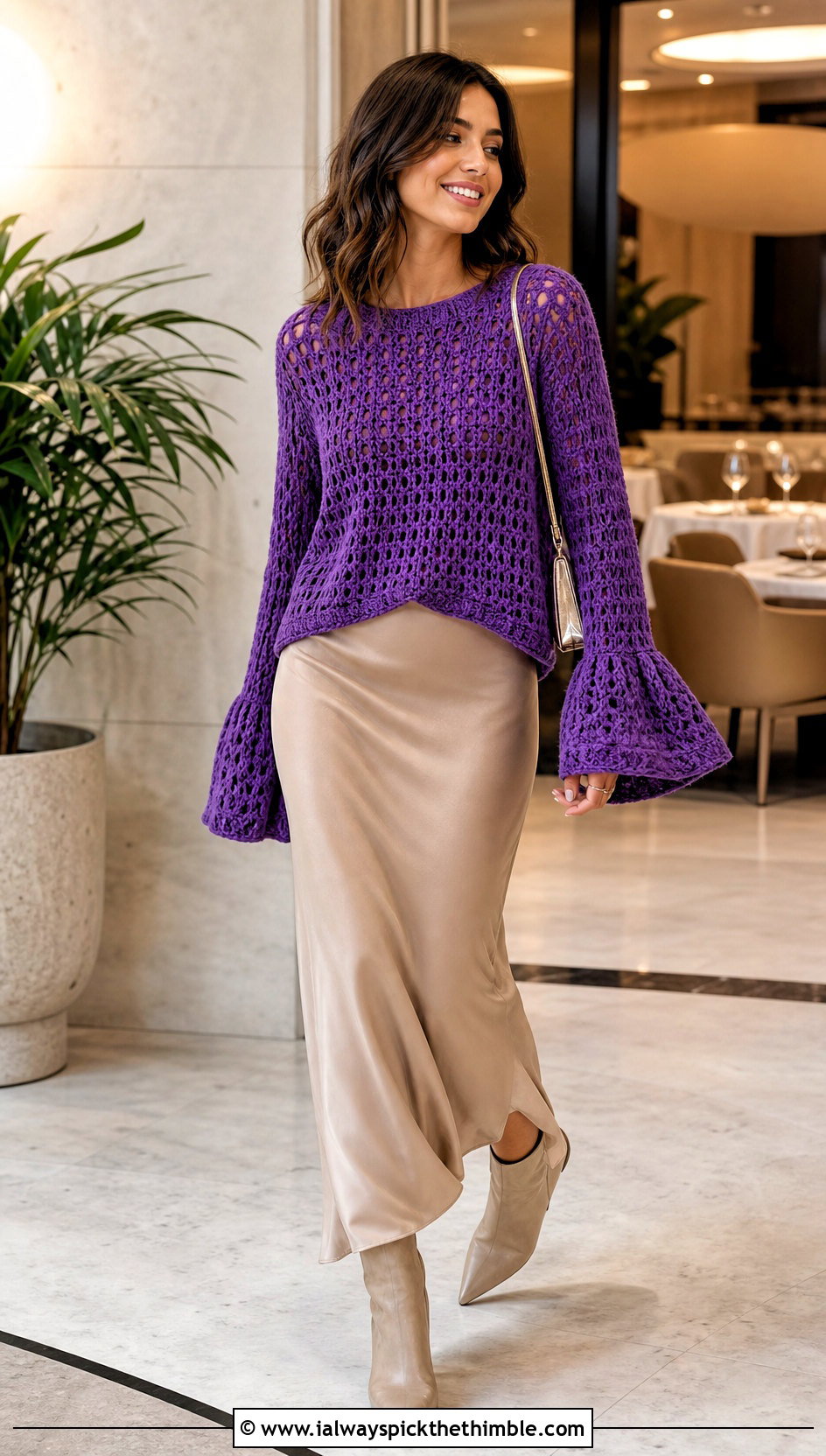 Bell Sleeve Crochet Sweater With Slip Skirt - 20 Basic Crochet Sweater outfit ideas