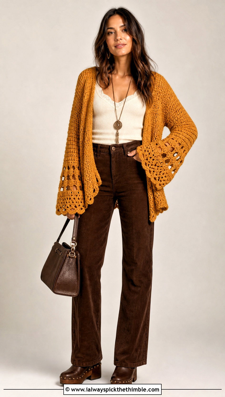 Bell Sleeve Crochet Sweater With Suede Pants - 25 crochet sweaters women outfit ideas