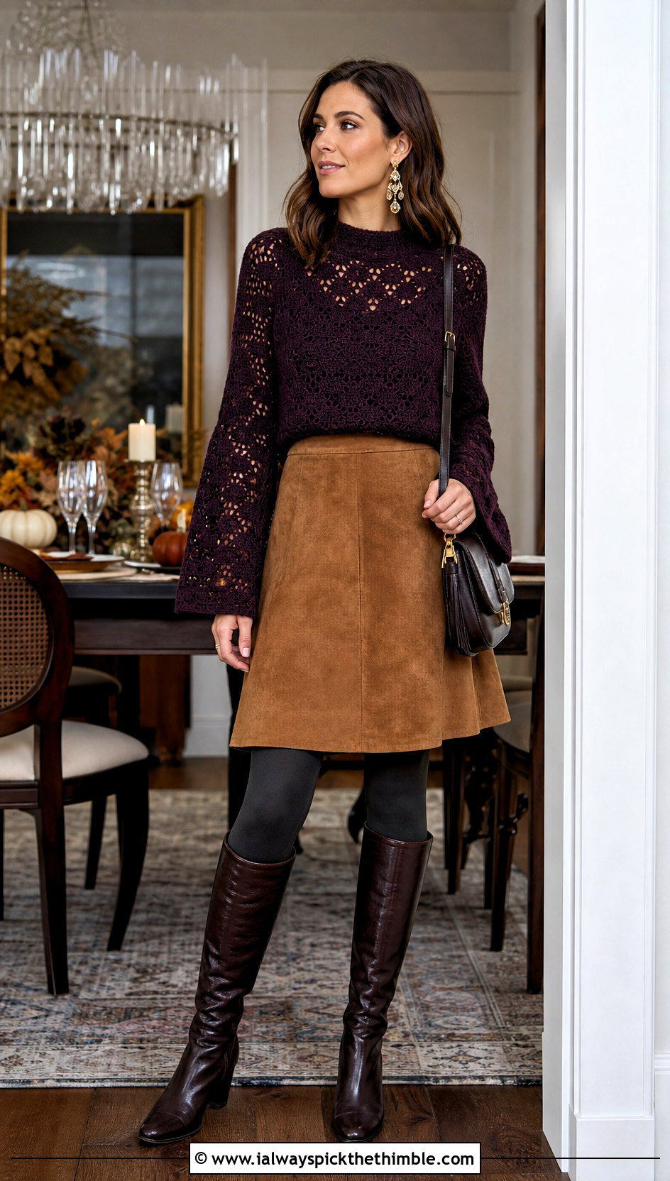 Bell Sleeve Crochet Sweater With Suede Skirt And Tall Boots - 20 Crochet Thanksgiving Sweater outfit ideas