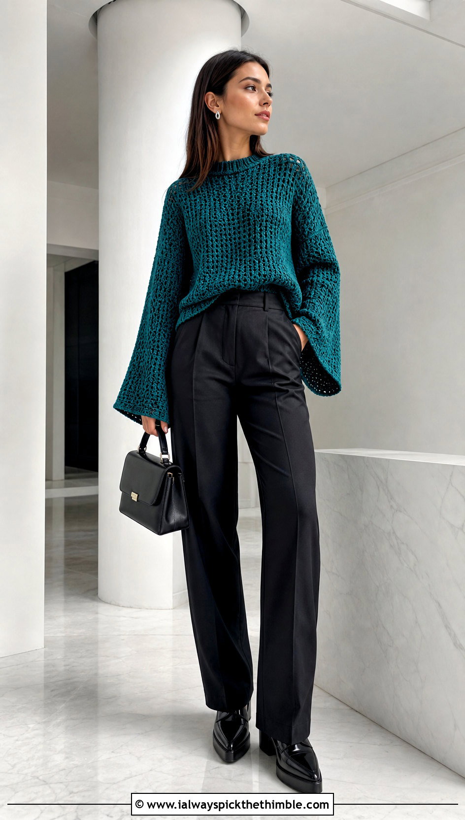 Bell Sleeve Crochet Sweater With Tailored Trousers - 20 goth crochet sweater outfit ideas