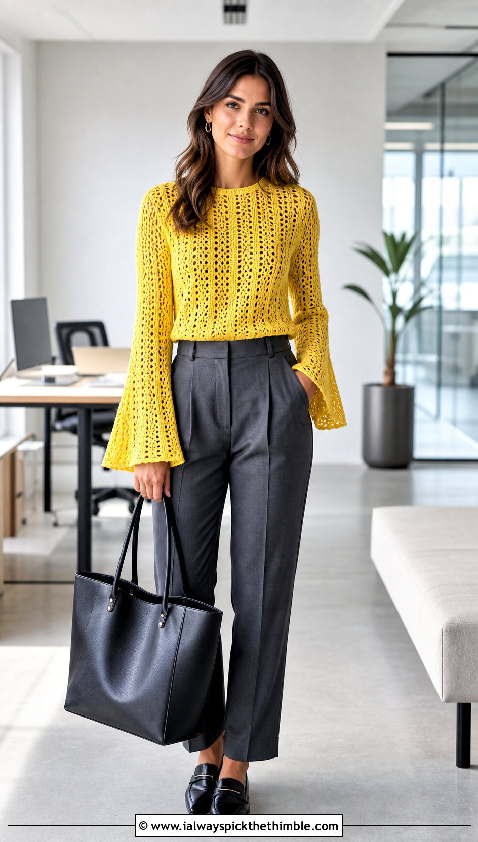 Bell Sleeve Crochet Sweater With Tailored Trousers - 15 Boho Style Crochet Sweater outfit ideas