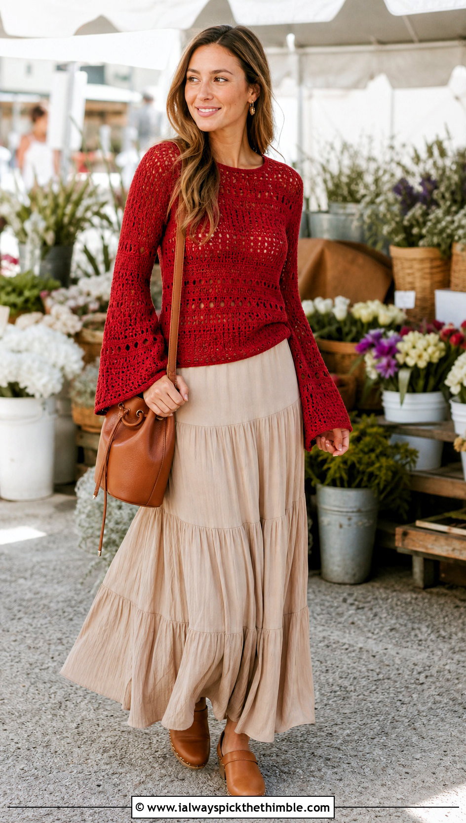 Bell Sleeve Crochet Sweater With Tiered Maxi Skirt - 15 Customizable Crochet Sweater Design outfit ideas