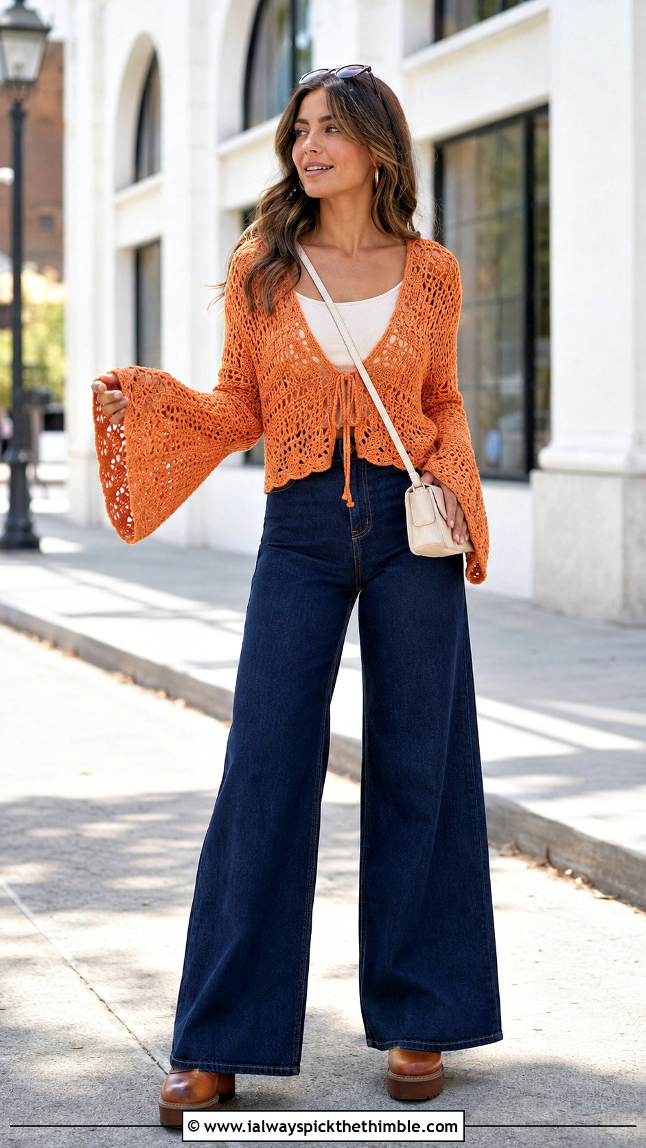 Bell Sleeve Crochet Sweater With Wide Leg Jeans - 15 adult crochet sweater outfit ideas