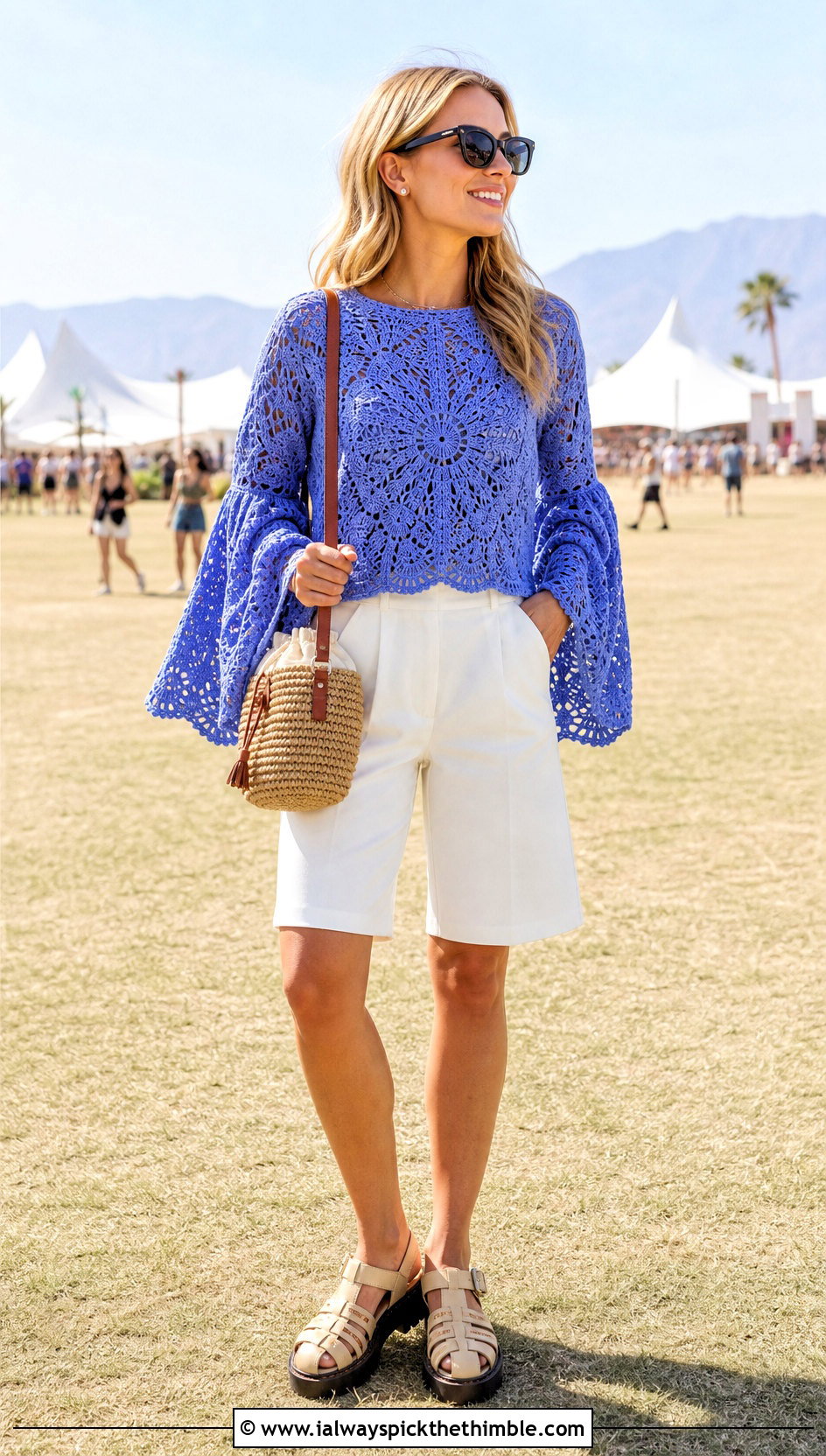 Bell Sleeve Crochet Top With Bermuda Shorts - 20 Festival Crochet Top outfit ideas