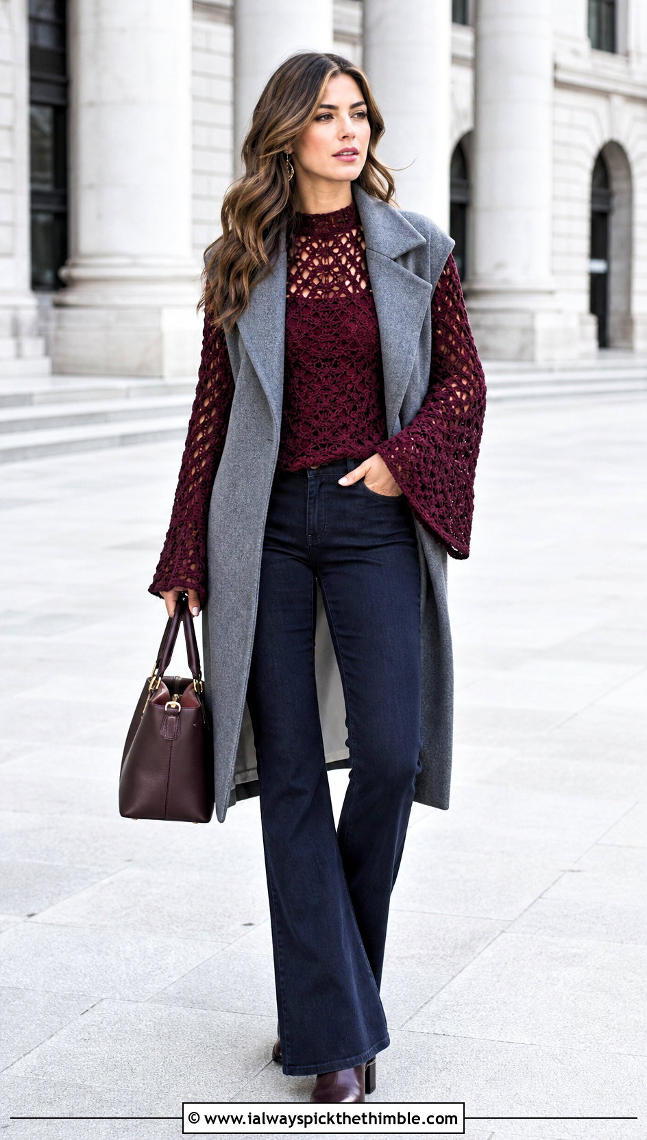 Bell Sleeve Crochet Top With Dark Flare Jeans - 25 winter crochet top outfit ideas