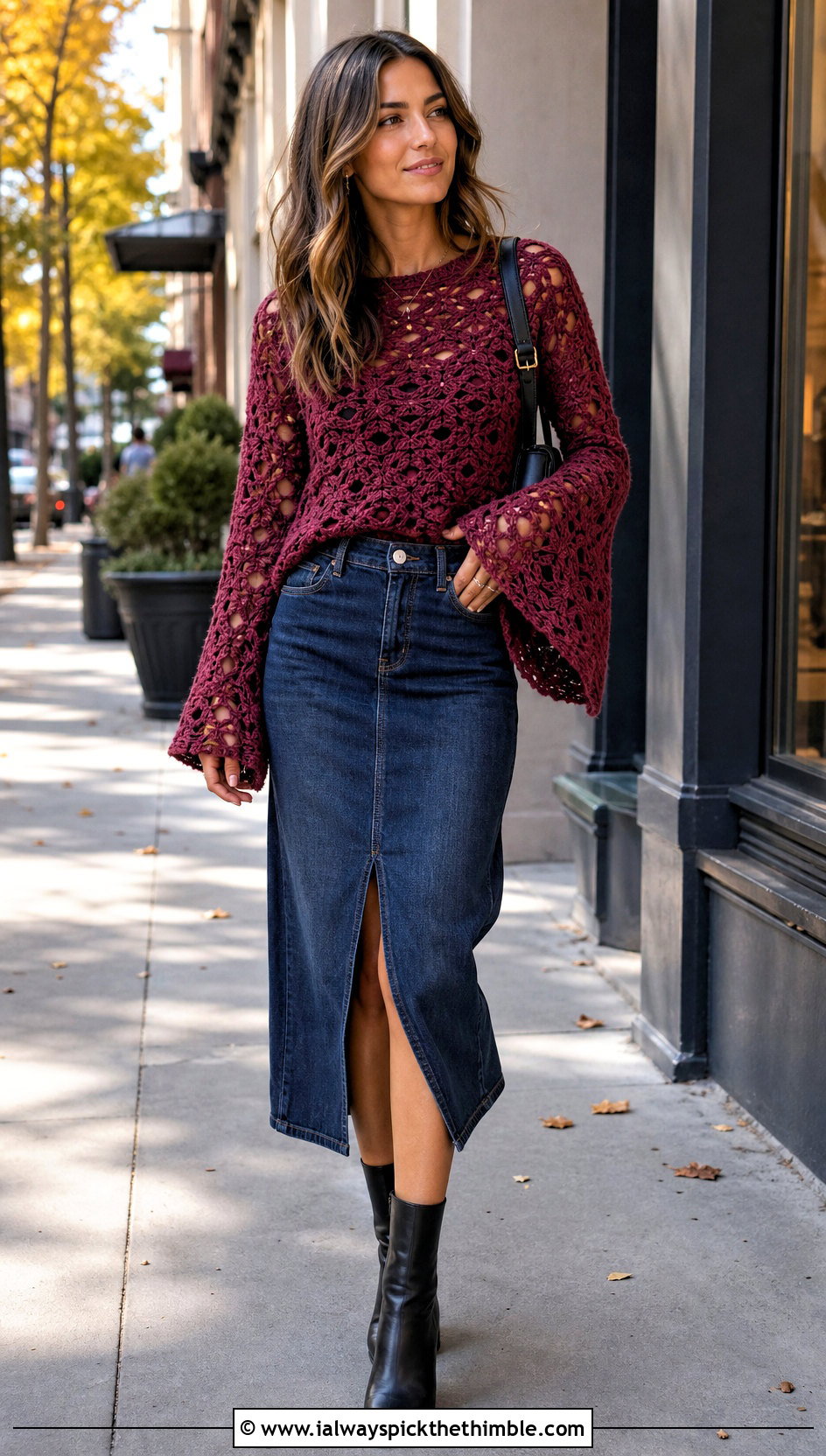 Bell Sleeve Crochet Top With Denim Midi Skirt - 25 crochet tops outfit ideas