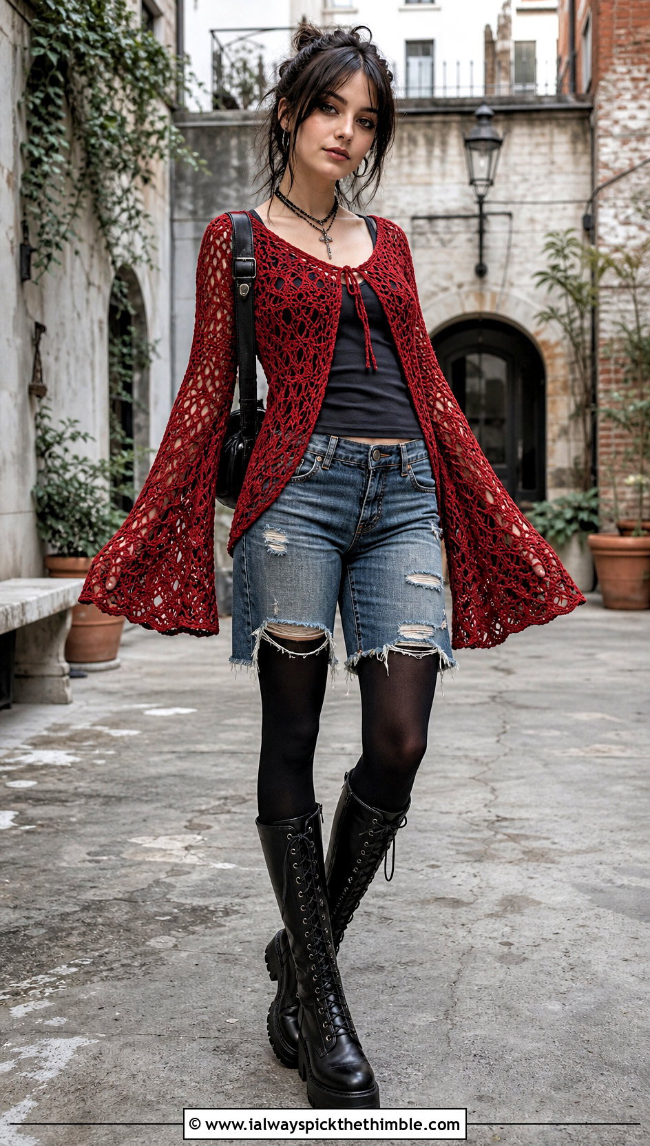 Bell Sleeve Crochet Top With Denim Shorts And Tights - 25 grunge crochet top outfit ideas