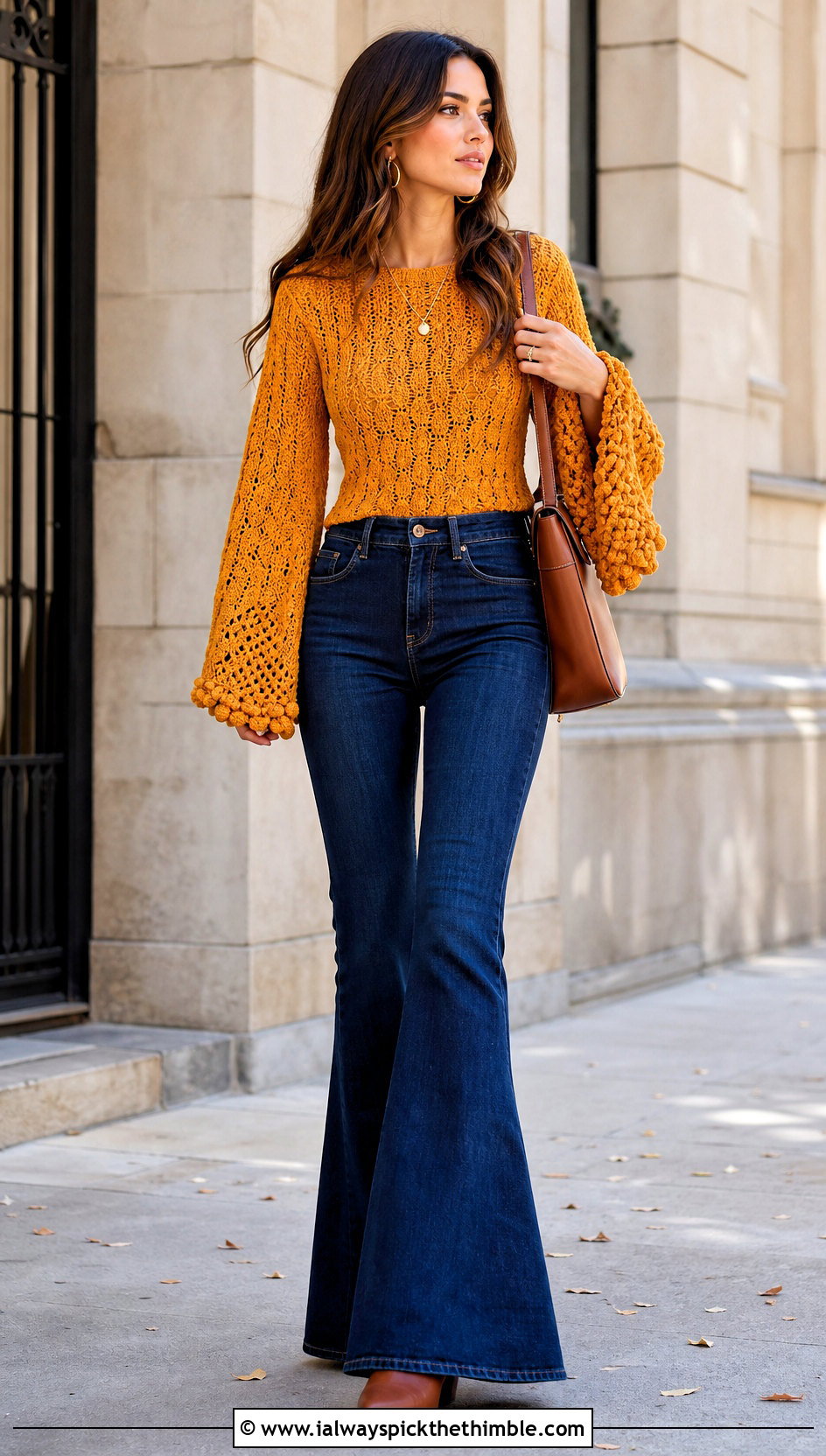 Bell Sleeve Crochet Top With Flare Jeans - 15 crochet tops on hangers outfit ideas