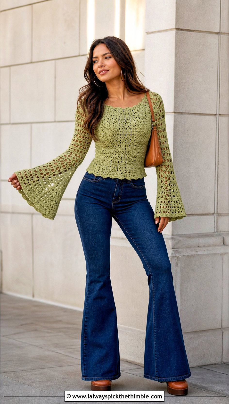 Bell Sleeve Crochet Top With Flared Jeans - 20 diy crochet top outfit ideas