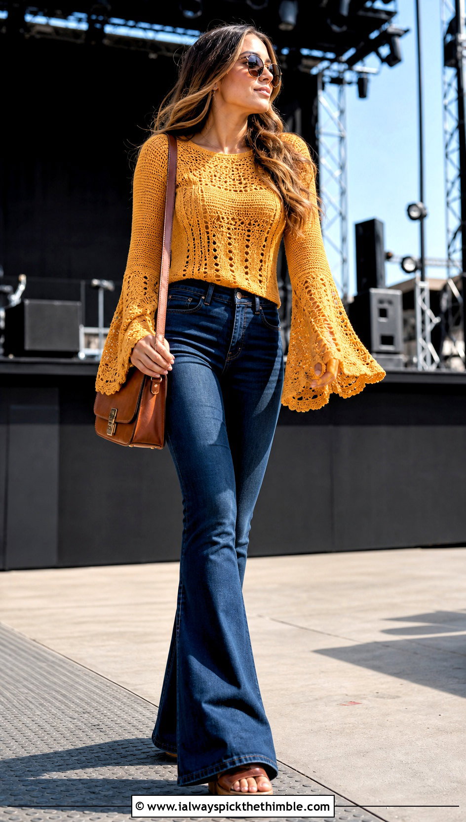 Bell Sleeve Crochet Top With Flared Jeans - 20 easy tops to crochet outfit ideas