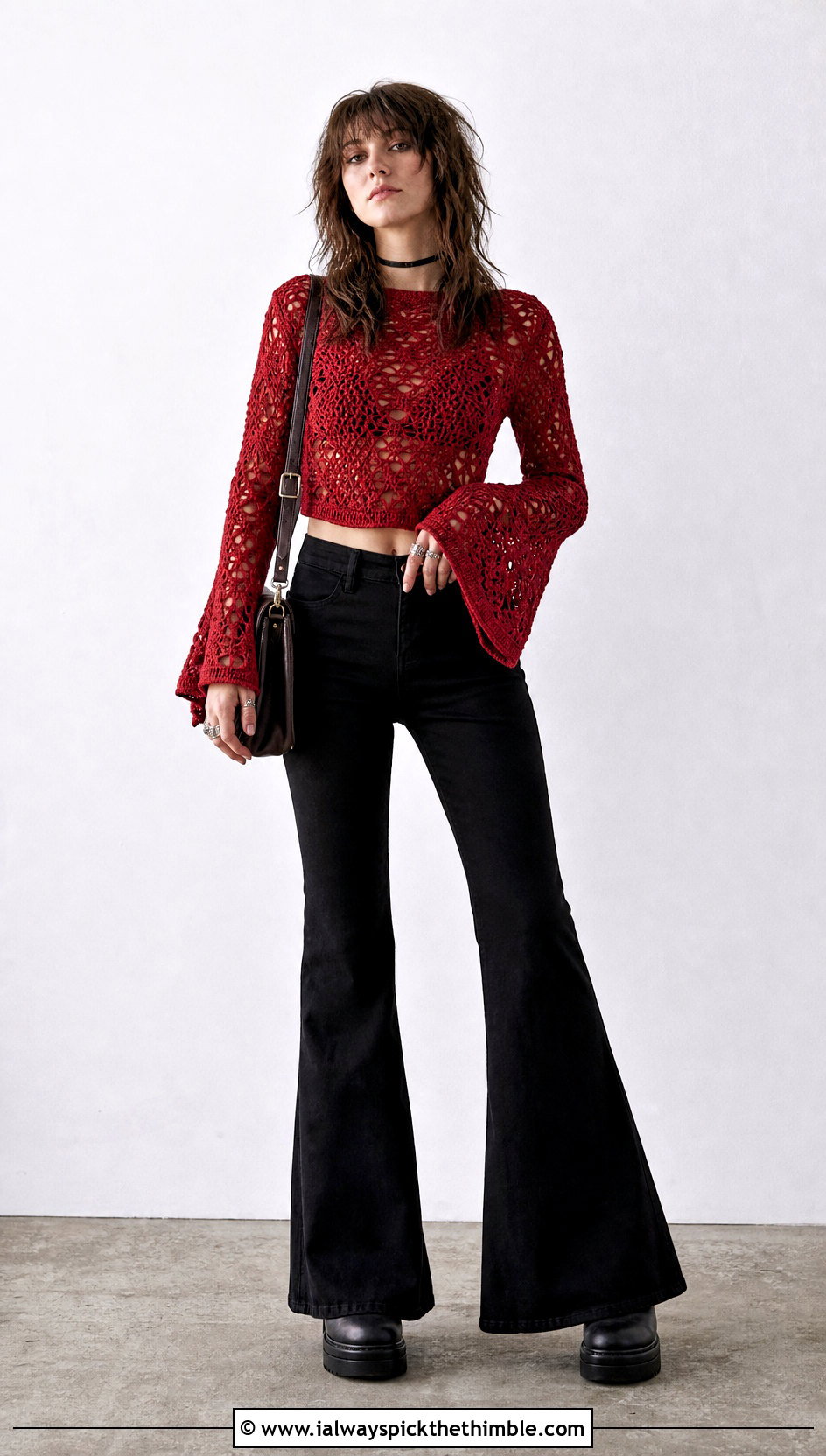 Bell Sleeve Crochet Top With Flared Pants - 20 emo crochet top outfit ideas