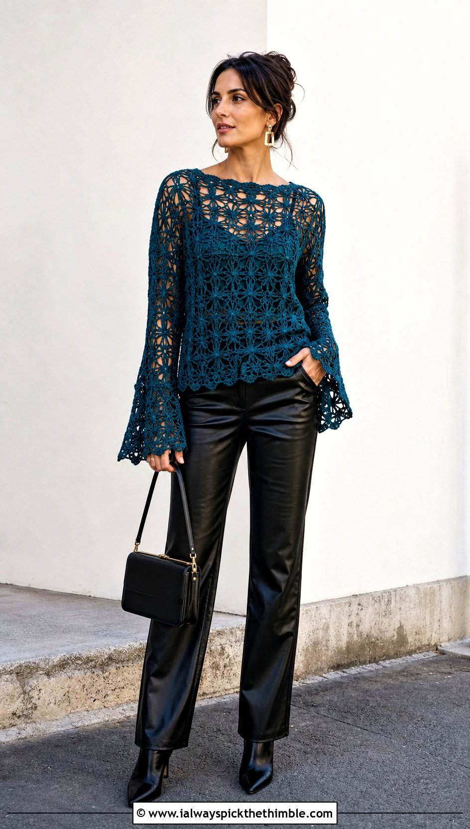 Bell Sleeve Crochet Top With Leather Pants - 20 vintage crochet clothes and outfit ideas