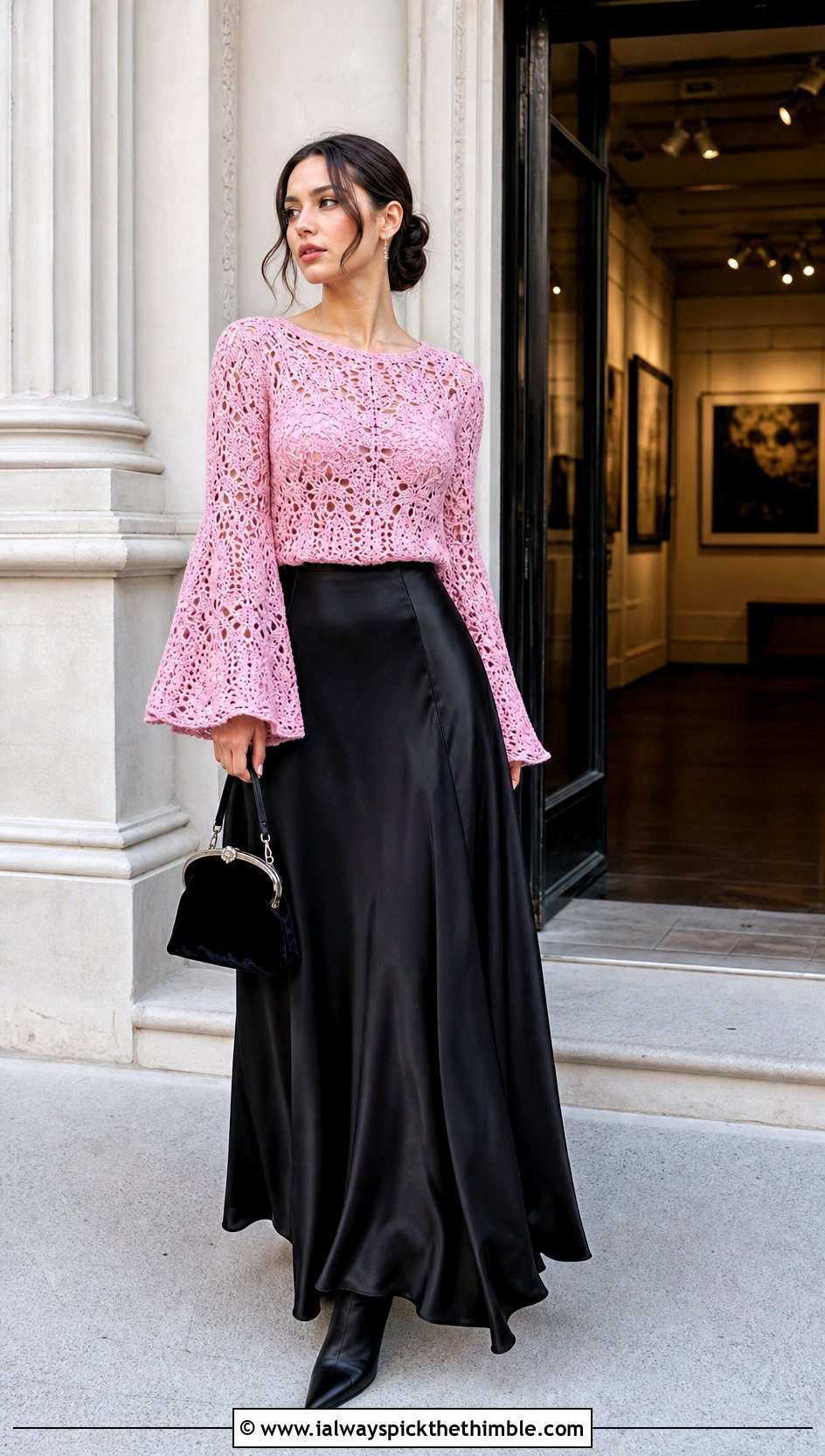 Bell Sleeve Crochet Top With Satin Maxi Skirt - 25 goth crochet top outfit ideas