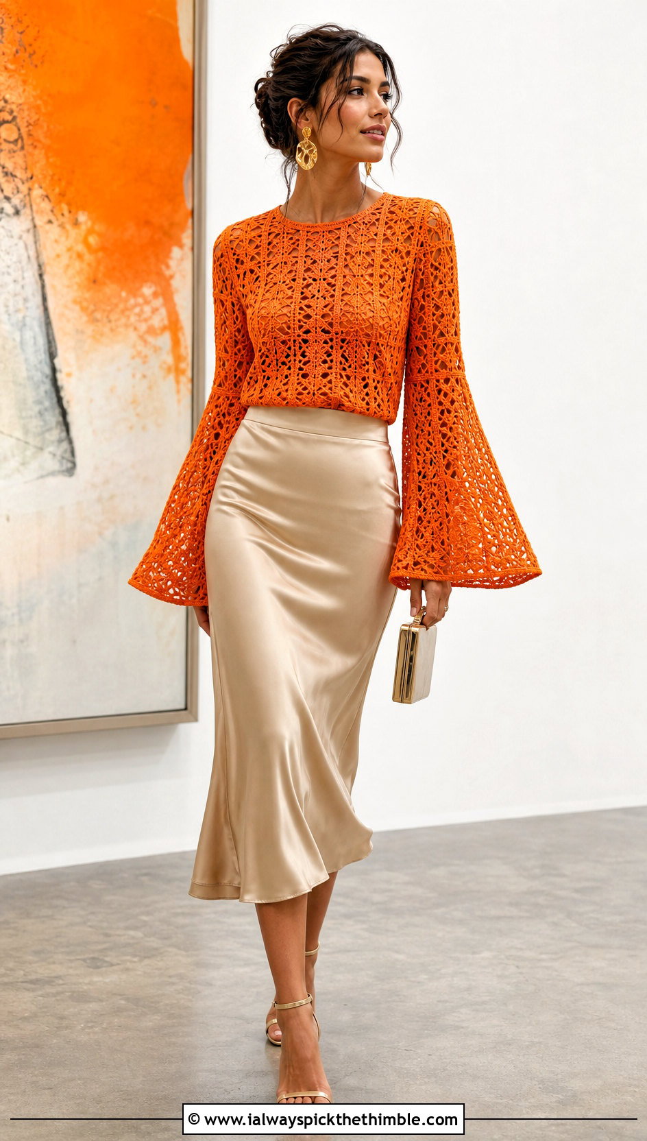 Bell Sleeve Crochet Top With Satin Midi Skirt - 20 70s crochet top outfit ideas