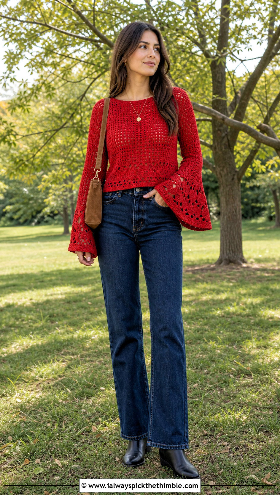 Bell Sleeve Crochet Top With Straight Leg Jeans - 15 crochet top on grass outfit ideas
