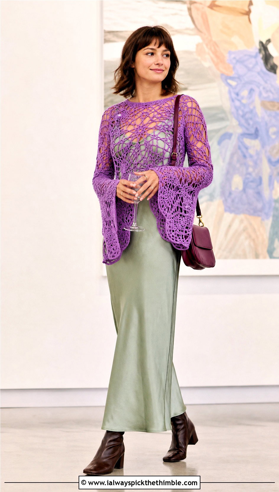 Bell Sleeve Crochet Top With a Slip Dress - 20 crochet knitted top outfit ideas