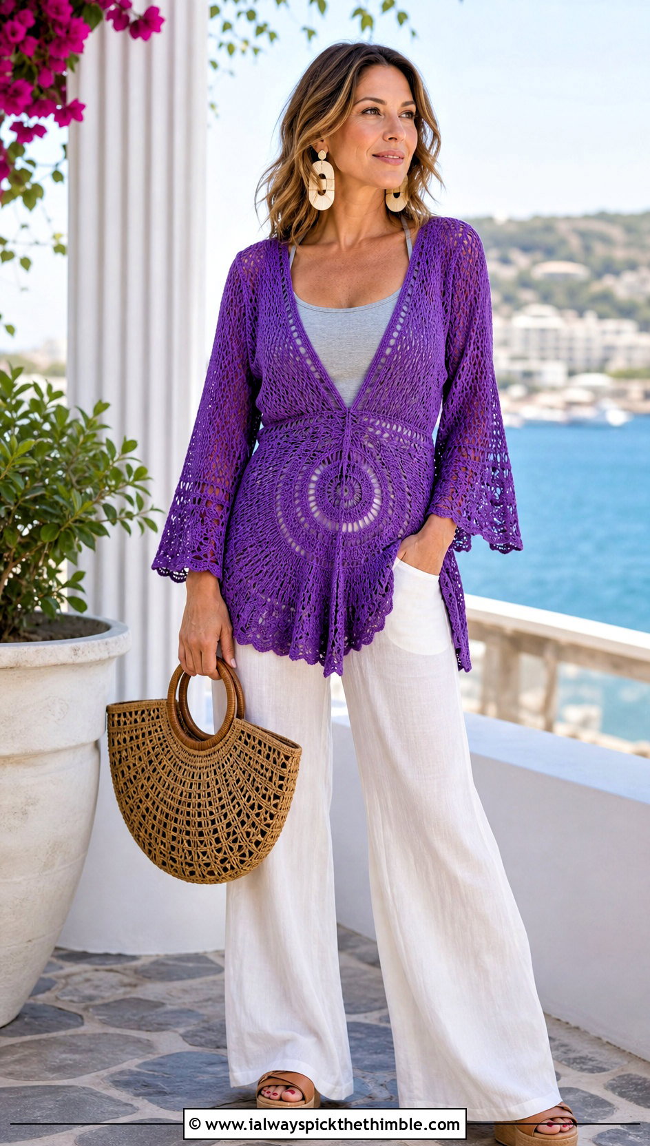 Bell Sleeve Crochet Tunic Cover Up With Linen Pants - 15 crochet tunic cover up outfit ideas