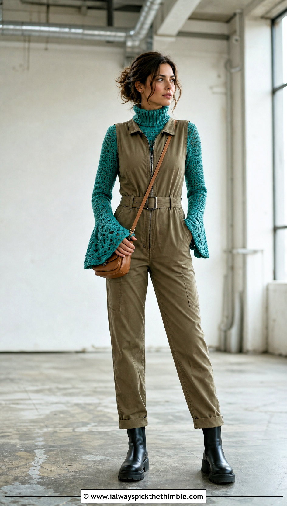 Bell Sleeve Crochet Turtle Neck Sweater Under A Utility Jumpsuit - 25 crochet turtle neck sweater outfit ideas