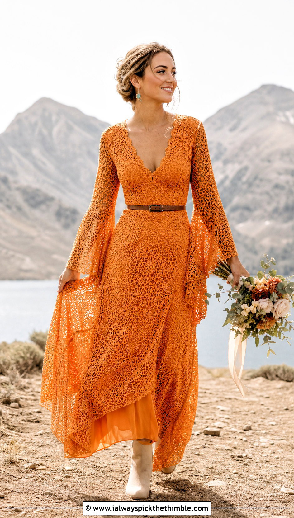Bell Sleeve Crochet Wedding Dress With Suede Boots - 25 crochet wedding dresses outfit ideas