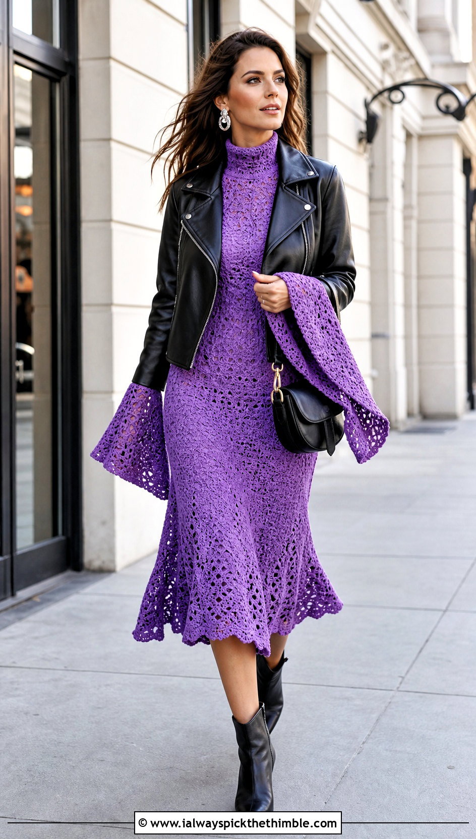 Bell Sleeve Crochet Winter Dress With Faux Leather Jacket - 25 crochet winter dress outfit ideas