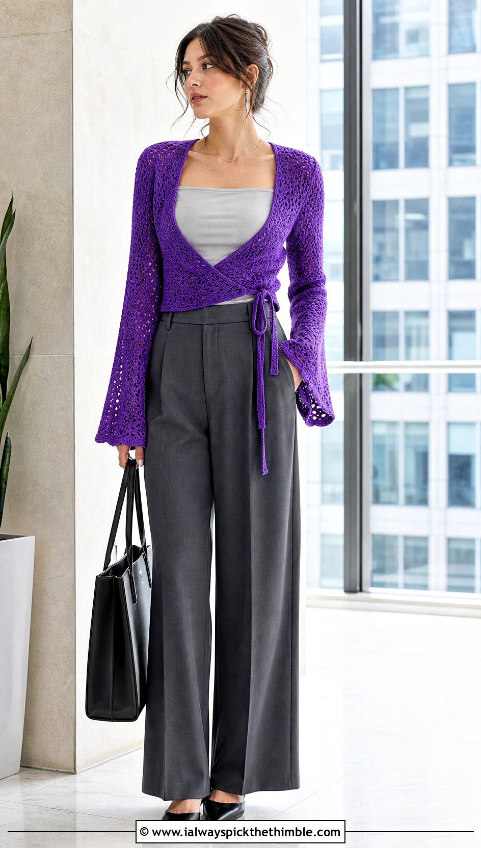 Bell Sleeve Crochet Wrap Around Shrug With Wide Leg Trousers - 20 Crochet Wrap Around Shrug outfit ideas