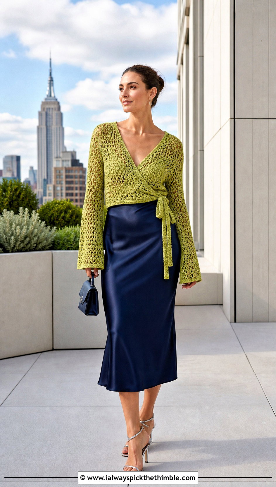 Bell Sleeve Crochet Wrap Shirt With Satin Midi Skirt - 20 crochet wrap shirt outfit ideas