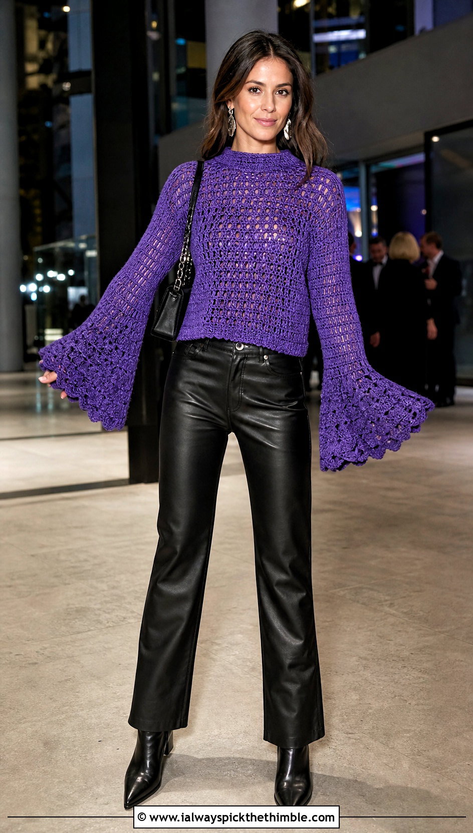 Bell Sleeve Crocheted Sweater With Leather Pants - 20 Crocheted Sweater Outfit ideas