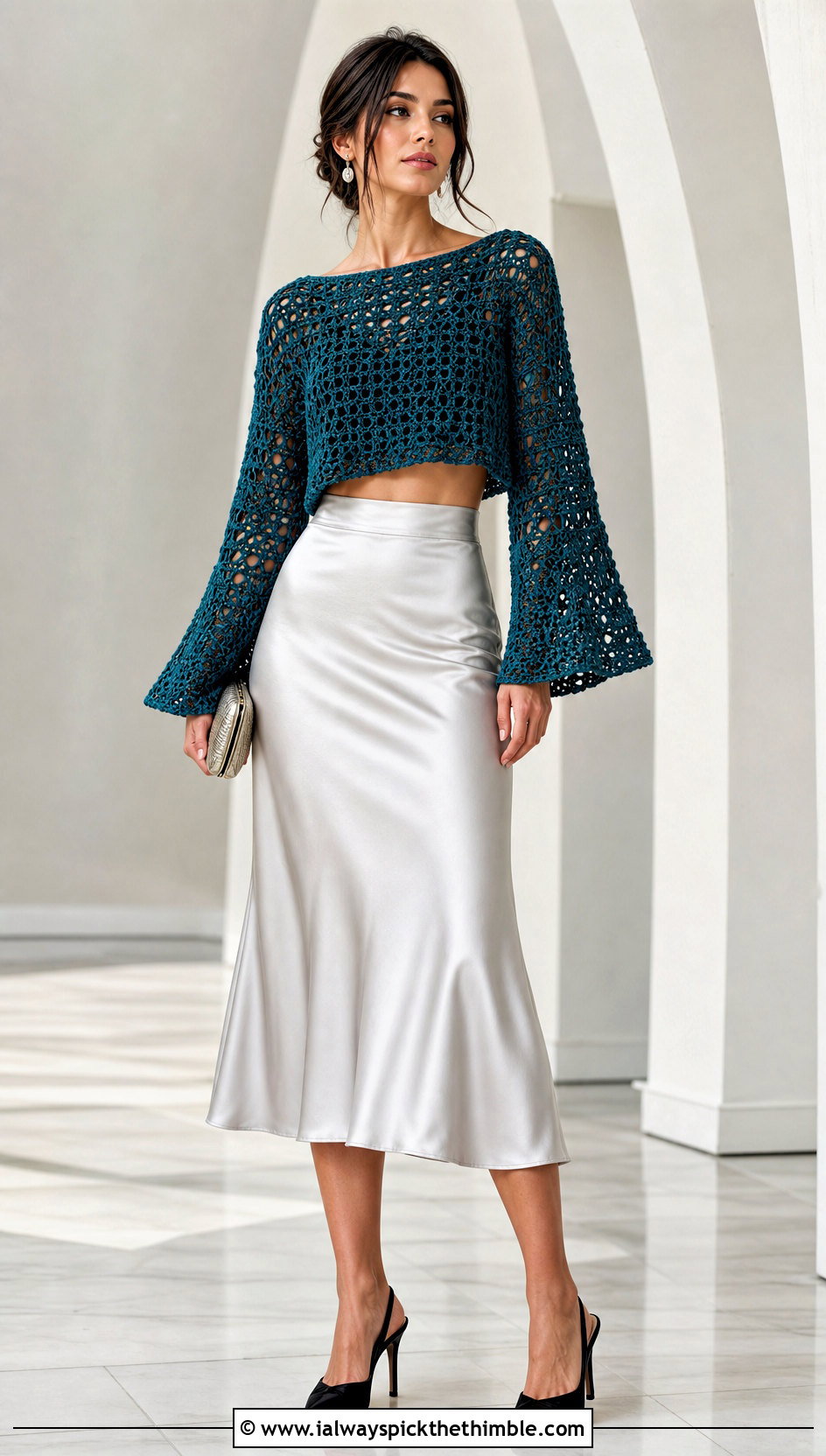 Bell Sleeve Cropped Crochet Pullover With Satin Midi Skirt - 15 Cropped Crochet Pullover outfit ideas