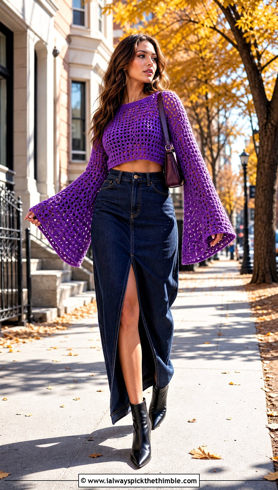 Bell Sleeve Cropped Crochet Sweater With Denim Maxi Skirt - 25 crochet cropped sweater outfit ideas