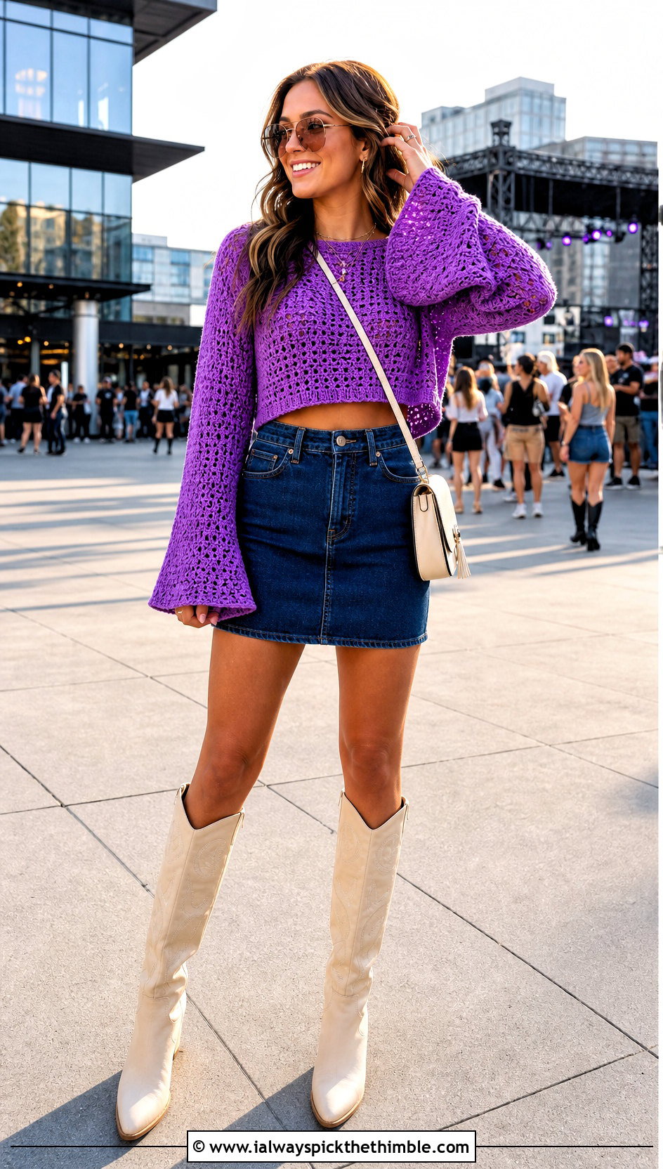Bell Sleeve Cropped Crochet Sweater With Denim Mini Skirt - 25 cropped crochet sweater outfit ideas