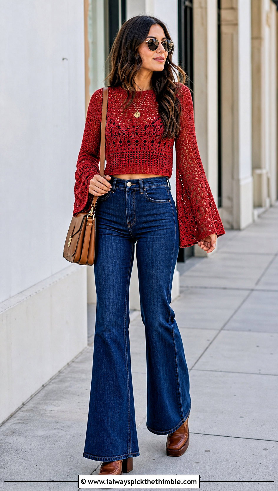 Bell Sleeve Cropped Crochet Sweater With Flared Jeans - 25 crop crochet sweater outfit ideas