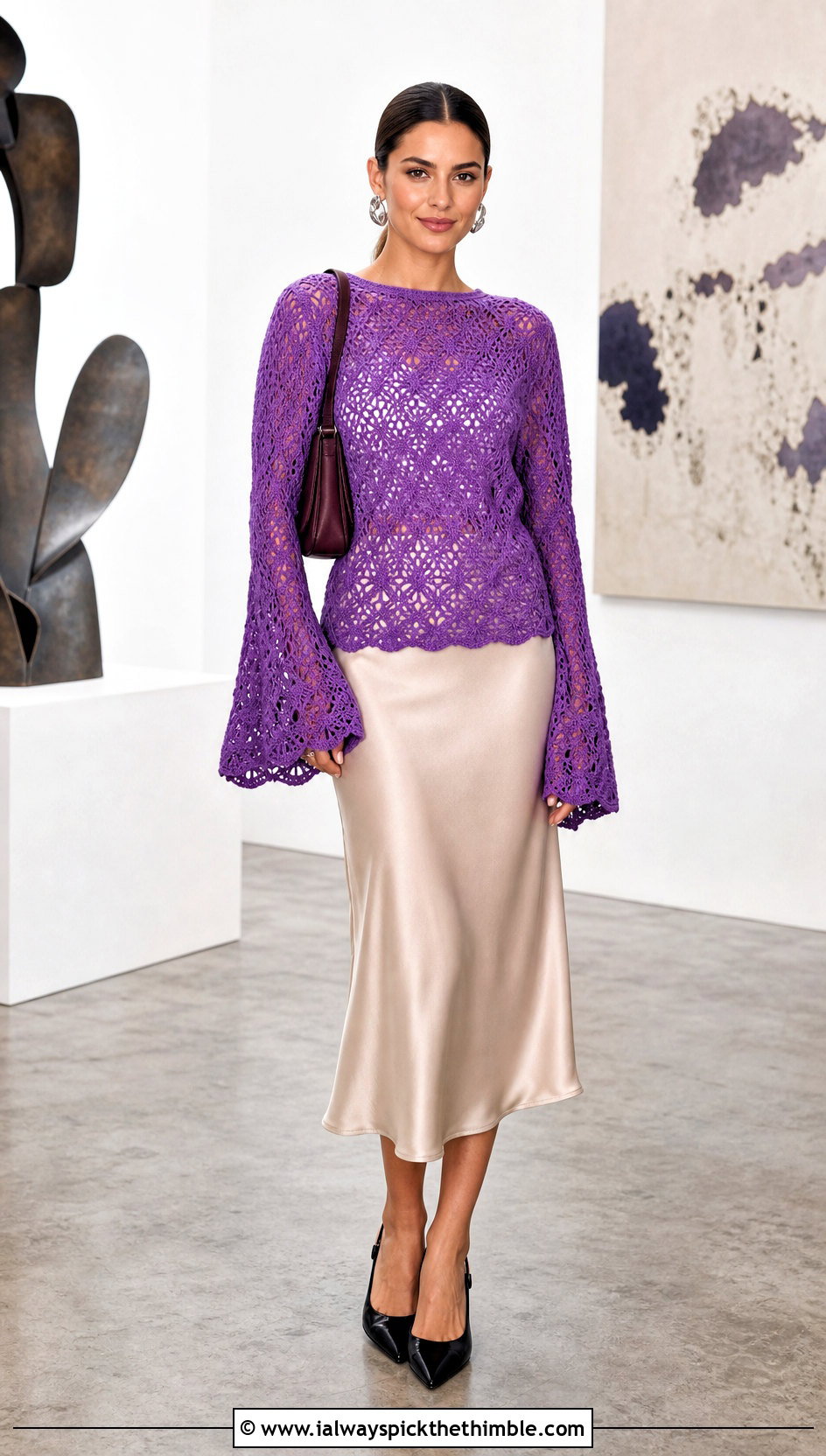Bell Sleeve Designer Crochet Sweater With Satin Midi Skirt - 15 Designer Crochet Sweater outfit ideas